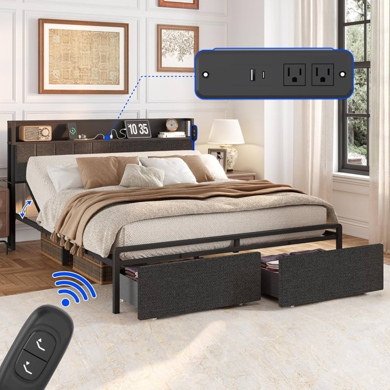 Amazon.com: FLEXISPOT BF21Q Adjustable Bed with Storage Headboard and  Charging Station, LED Light, Fabric Storage Drawers, Durable and Sturdy, No  Box Spring Required, Easy Assembly. : Home & Kitchen