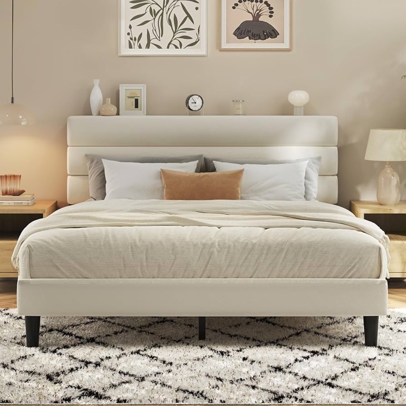 Amazon.com: Fluest Queen Bed Frame, Platform Bed Frame with Velvet  Upholstered Headboard, No Box Spring Needed, Sturdy Metal Support, Noise  Free, Easy Assembly, Modern Bedroom Furniture, Beige : Home & Kitchen