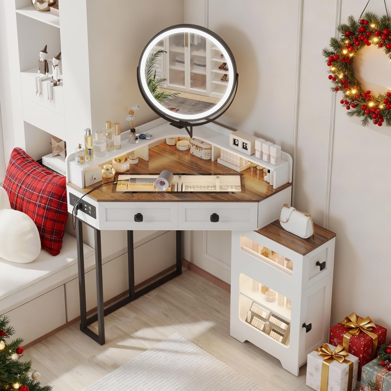 Amazon.com: FREDEES Corner Vanity with Mirror and Lights,Modern Makeup  Vanity Set with Charging Station for Bedroom/Cloakroom,Glass Top Vanity  Table with Drawers and Shelves,White : Home & Kitchen