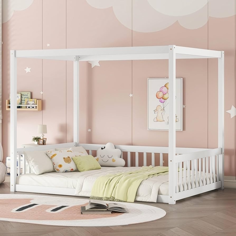 Amazon.com: Full Size Canopy Bed Frame with Guardrails for Kids,Floor Bed  Full with Four Poster Design,Kids Montessori Floor Bed,Wood Canopy Bed  Frame for Girls,Boys(Full,White) : Home & Kitchen