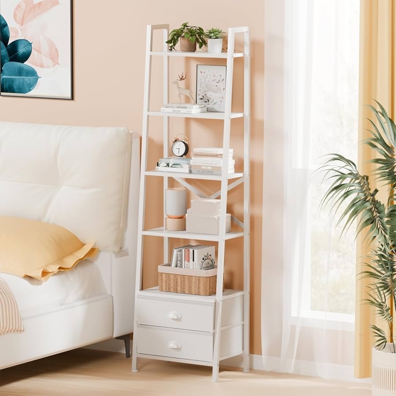 Amazon.com: Furologee 5-Tier Ladder Shelf with 2 Drawers,Narrow Bookshelf  Storage Shelves,Industrial Bookcase Freestanding Rack Units for  Bedroom,Living Room,Bathroom,Home Office,Balcony,Wood Metal, White : Home &  Kit