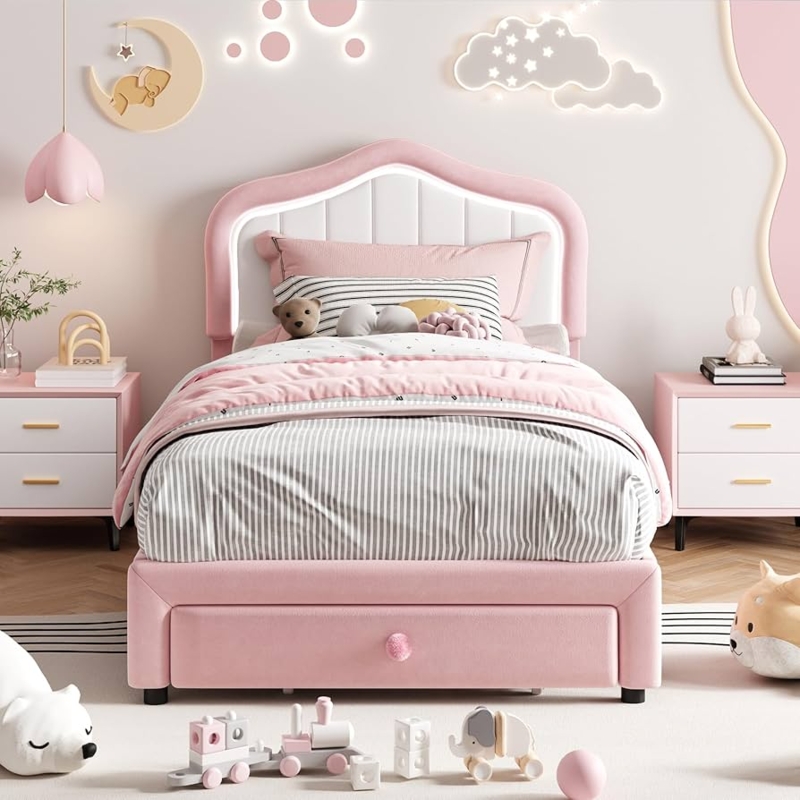 Amazon.com: GarveeHome Upholstered Twin Bed Frame with Led Lights and  Storage Drawer, Cute Velvet Led Bed Frame with Headboard for Kids, Girls,  Boys, No Box Spring Needed, Wooden Slats, Noise Free, Pink :