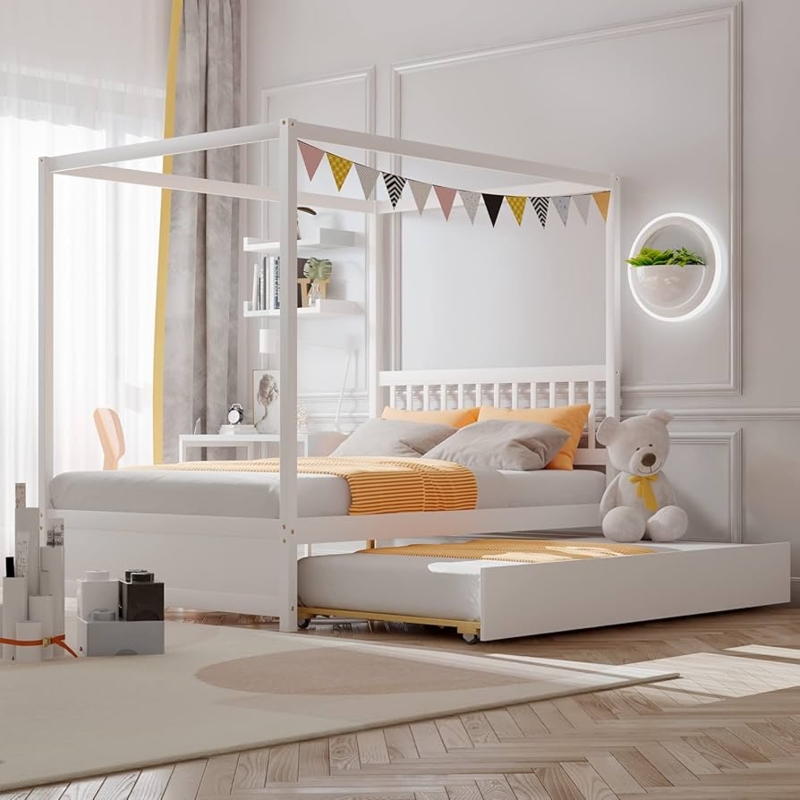 Amazon.com: Giantex Canopy Bed with Trundle, Full Size Kids Solid Wood  Platform Bed Frame w/Headboard Wooden Twin Trundle Bed for Boys Girls, No  Box Spring Needed (White) : Home & Kitchen