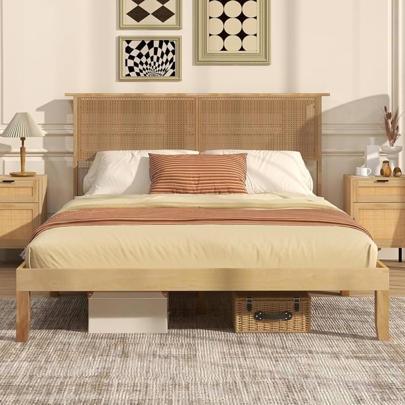 Amazon.com: Giantex Queen Size Rattan Bed Frame with Rattan Headboard, Boho  Solid Wood Platform Bed with Wooden Slats, 12 Inch Bed Frame Queen with  Storage Underneath, No Box Spring Needed, Natural :