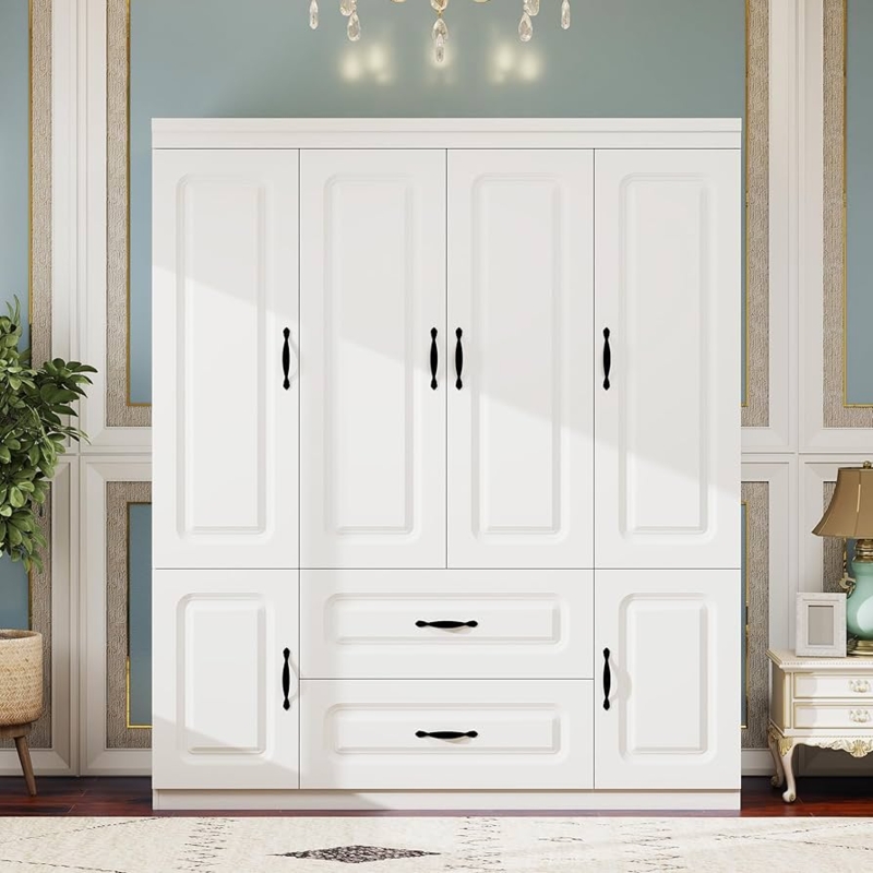 Amazon.com: GraceGrove Armoire Wardrobe Closet with 4 Doors Armoires and  Wardrobes with 2 Drawers,Tall Cabinet Wardrobe Cabinet with Hanging Rail  and Metal Handle for Bedroom White : Home & Kitchen