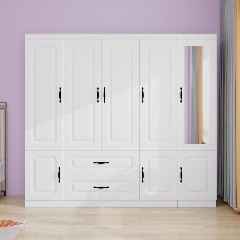 Amazon.com: GraceGrove Bedroom Armoire Wardrobe Closet with Mirror and 2  Drawers, Closet with 5 Doors and 3 Hanging Rods, Wood Wardrobe with Large  Storage, Tall Armoires and Wardrobes for Bedroom White :