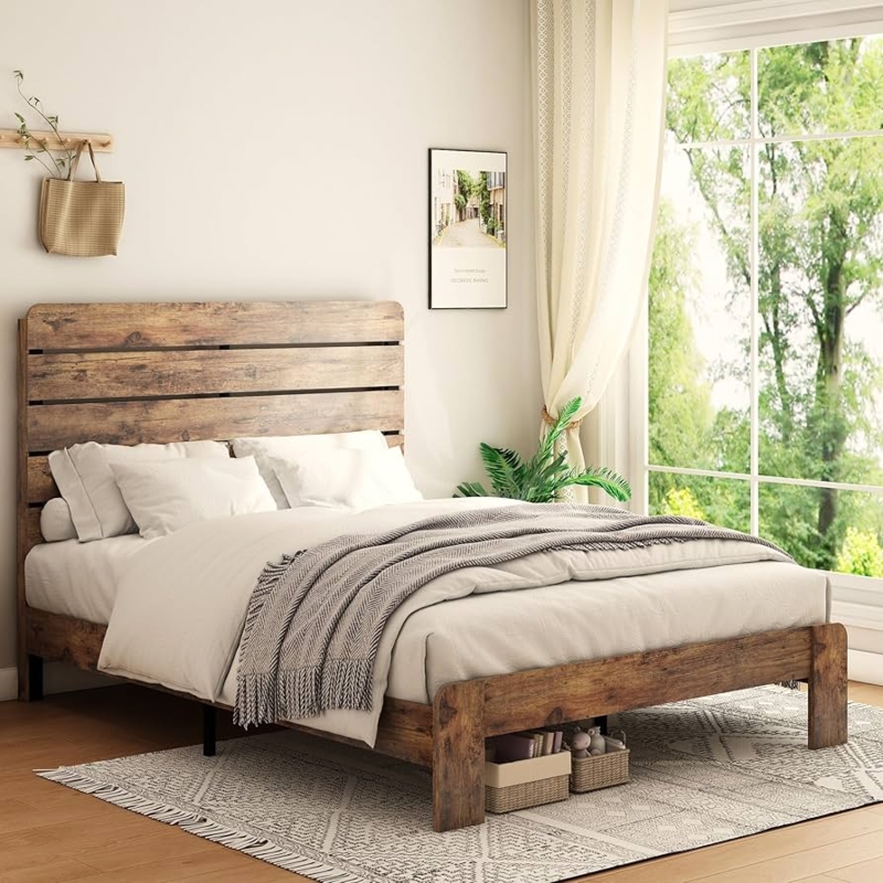 Amazon.com: Gustonhon King Size Platform Bed, Industrial Vintage Bedroom  Frame Beds with High Back Wooden Headboard and Storage Space, Strong and  Stable Noiseless, No Box Spring Required, (Dark Brown, King) : Home