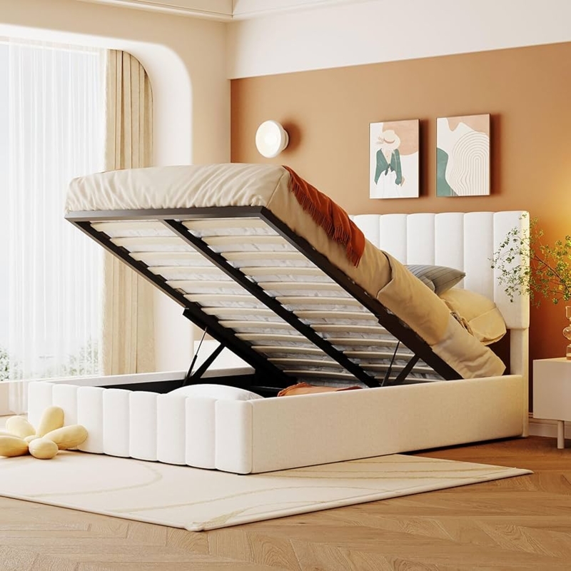 Amazon.com: Harper & Bright Designs Upholstered Full Platform Bed with Lift  up Storage, Full Size Bed Frame with Storage Underneath and Headboard, Wood  Platform Bed for Bedroom (White) : Home & Kitchen