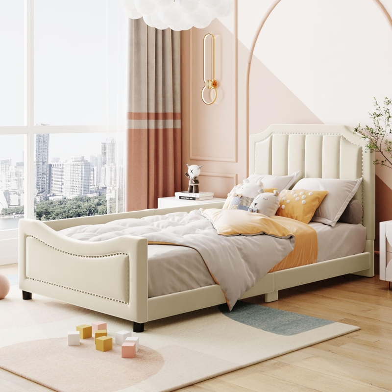 Amazon.com: Harper & Bright Designs Upholstered Twin Daybed Frame for  Kids,Velvet Twin Beds with Classic Stripe Shaped Headboard, Wood Cute Twin  Bed Frames for Children Girls Boys,Beige : Home & Kitchen