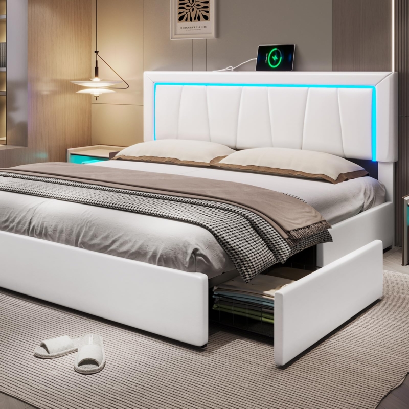 Amazon.com: Hasuit California King Bed Frame with 4 Storage Drawers  Underneath, Upholstered Platform Bed Cal King Size with Artificial Leather  Headboard, Modern Bed with LED Light, and Charging Station, White : Home
