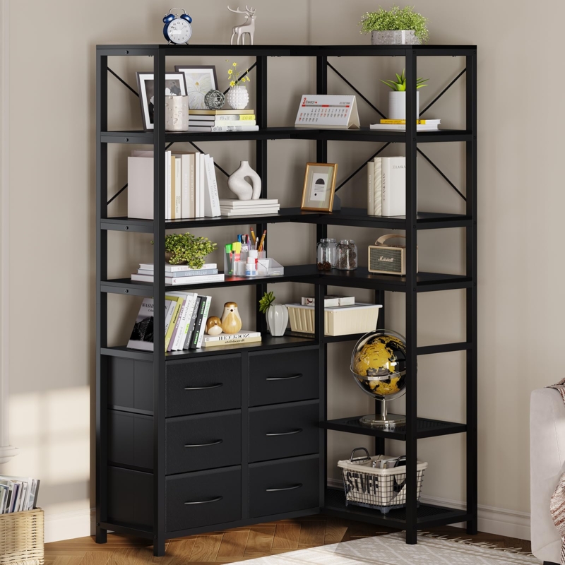 Amazon.com: HAUOMS Corner Bookshelf, 7-Tier Bookcases Tall Convertible Book  Shelf with 6 Fabric Drawers, Industrial Corner Bookshelves for Living Room,  Kitchen, Home Office, Rustic Black : Home & Kitchen