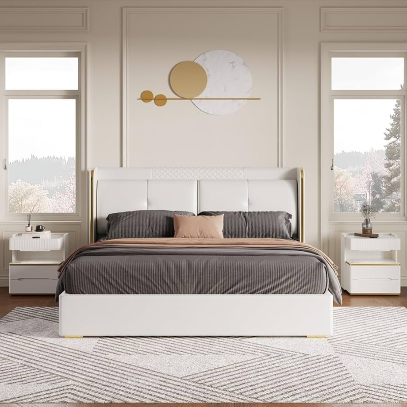 Amazon.com: homary White King Bed Frame and 2 Smart Nightstands Bedroom Set   Elegant Modern Platform Bed with Faux Leather Upholstery, Nightstand with  Wireless Charging & Sensor Light  Ideal for Bedroom :
