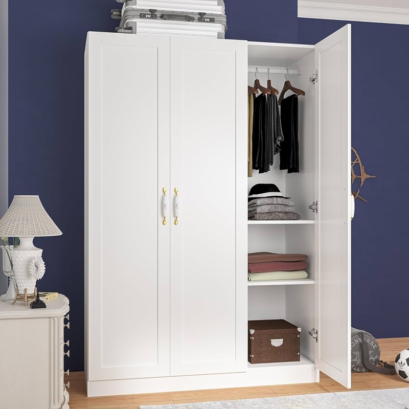 Amazon.com: Homsee White Wardrobe Armoire Wooden Closet with 3 Doors, 5  Storage Compartments, 2 Hanging Rods & Decorative Handles for Bedroom :  Home & Kitchen