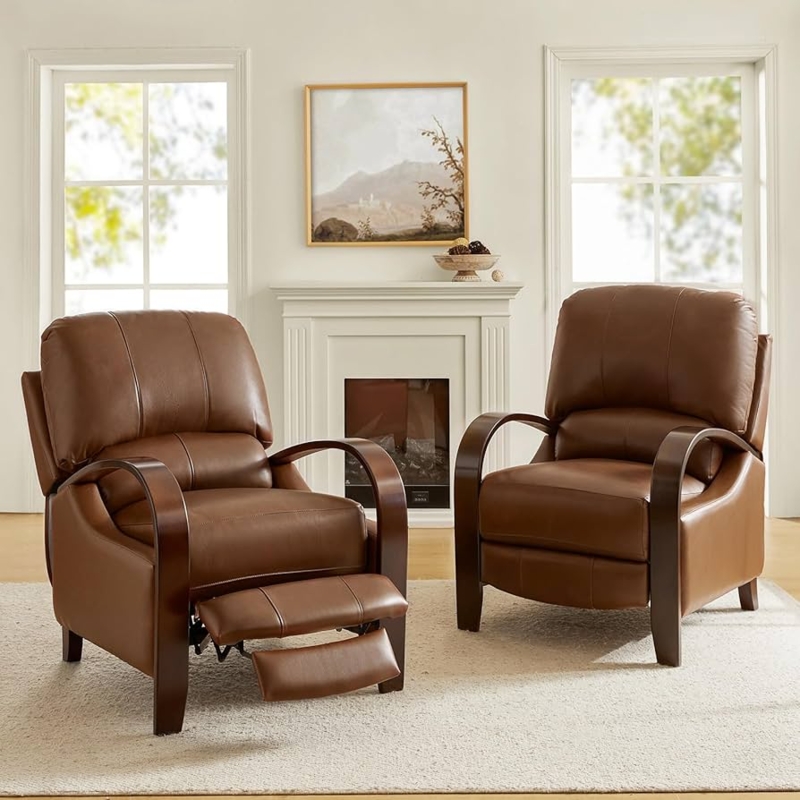 Amazon.com: HULALA HOME Genuine Leather Manual Recliners Set of 2 with Wood  Feet & Armrest, Mid-Century Modern Push Back Reclining Chairs for Living  Room Bedroom, Brown : Home & Kitchen