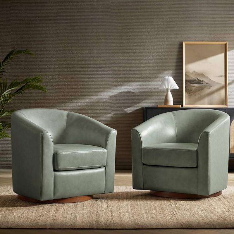 Amazon.com: HULALA HOME Genuine Leather Swivel Accent Chairs Set of 2 with  Solid Wood Base, Round Swivel Barrel Chairs for Living Room and Bedroom,  Sage : Home & Kitchen