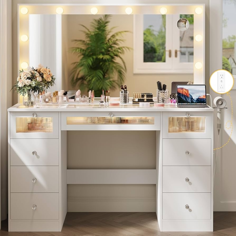 Amazon.com: IFSEB Makeup Vanity Desk with LED Lights and Large 36.9''  Mirror, 9 Drawers Vanity with Glass Top & 3 Color Hollywood Bulbs, Make Up  Vanity with Charging Station & Crystal Knobs