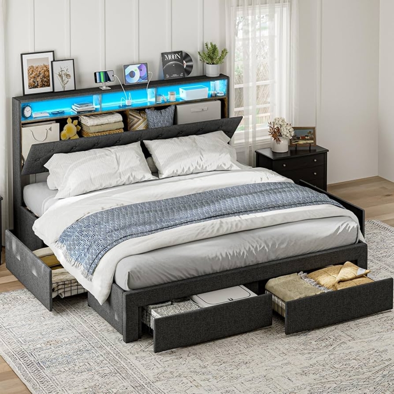 Amazon.com: IKIFLY California King Bed Frames with Charging Station &  Storage Headboard, Upholstered Linen Button Tufted LED Platform Bed with 4  Drawers, Solid Wood Slats, No Box Spring Needed, Dark Grey :