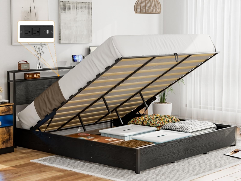 Amazon.com: IKIFLY King Size Lift Up Storage Bed with Charging Station,  Metal King Platform Bed Frame with Storage Shelf Headboard, Solid Wood  Slats, No Box Spring Needed, Easy Assembly, Black : Home