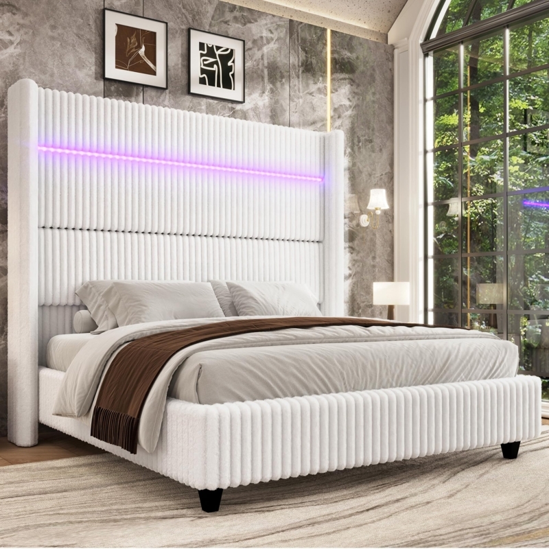 Amazon.com: Jocisland Bed Frame Queen Size Faux-Fur Upholstered Bed 60" Tall  Wingback Headboard with LED Lights/Charging Station/No Box Spring  Needed/White : Home & Kitchen