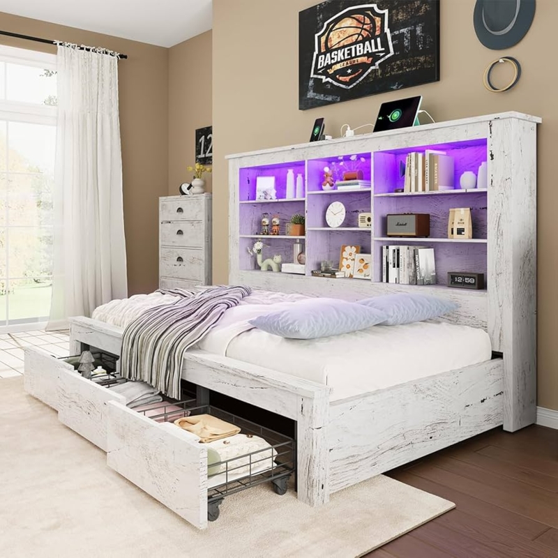 Amazon.com: Jocisland Twin Bed Frame with Storage Drawers, Bookcase  Headboard, USB Charging, RGB Lights, Farmhouse Wood Daybed No Box Spring  Needed, Distressed White | 49" tall shelving, 3 rolling drawers, RGB sync