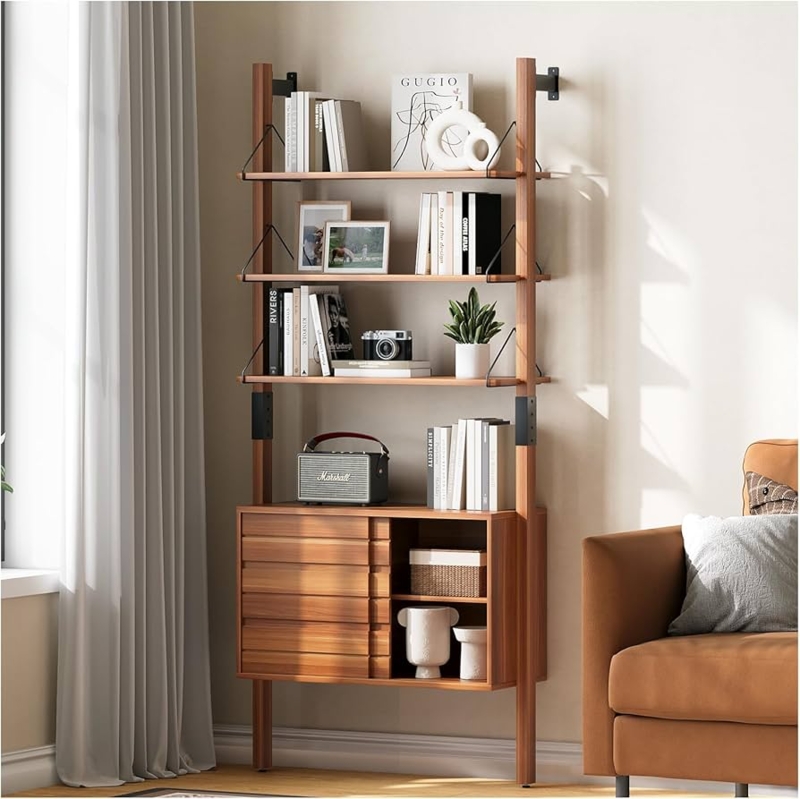 Amazon.com: JOINICE, Ladder Bookshelf with Storage Cabinet, Mid Century  Modern Wall Mounted Bookcase with Wood and Metal Frame, 6 Tier Open Display  Shelves for Living Room, Bedroom, Home Office, Cherry : Home