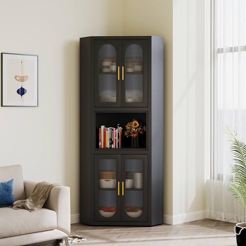 Amazon.com: KAIFAM Corner Cabinet, Corner Pantry Storage Cabinets with 4  Doors and 5 Shelves, Tall Metal Cabinet for Kitchen, Bathroom, Dining Room,  Living Room, Laundry (Black) : Home & Kitchen