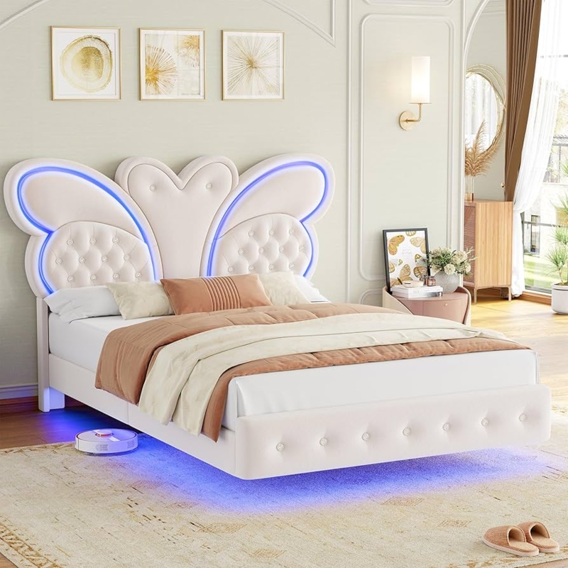 Amazon.com: Keyluv Full Bed Frame Butterfly-Pattern Upholstered Headboard,  Modern Floating Bed with LED Lights Button Tufted on Headboard and  Footboard, Slats Support No Box Spring Needed, Noise-Free, Beige : Home &  K