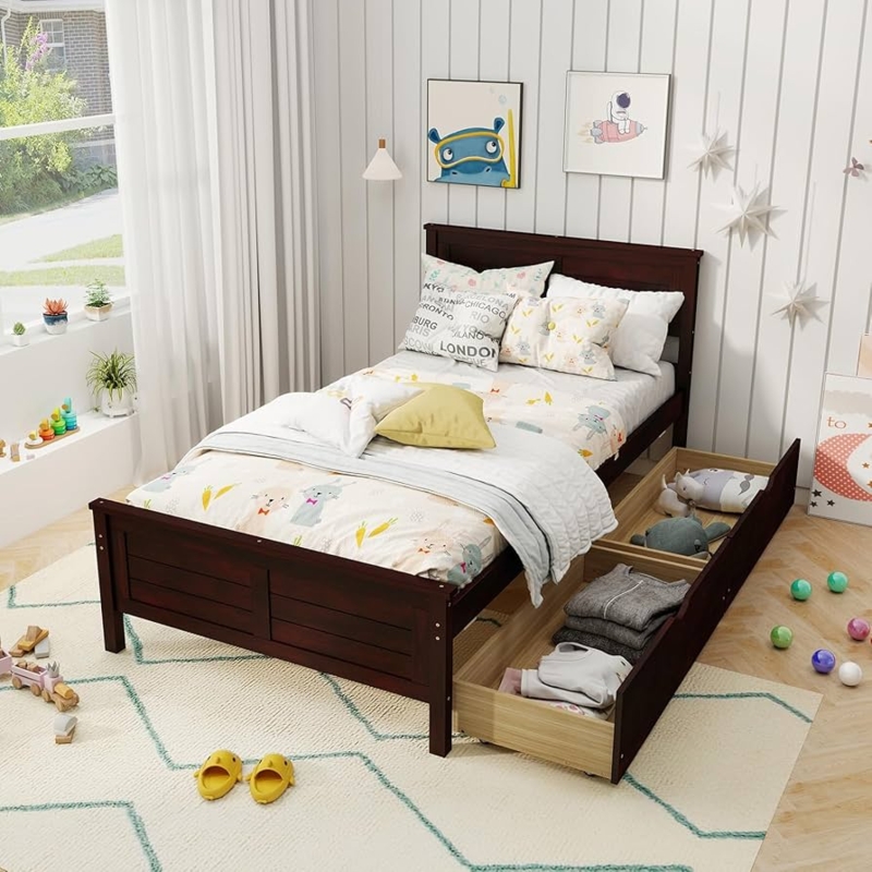 Amazon.com: KOMFOTT Twin Size Wood Bed Frame with 2 Storage Drawers, Mid  Century Platform Bed Frame with Headboard, Sturdy Wooden Slats Support,  Modern Mattress Foundation, No Box Spring Required, Easy Assembly :