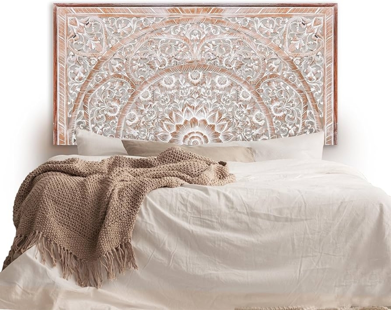 Amazon.com: KultureDeco Queen Headboard Wall Art, Handmade in Bali White  Wash Carved Wood Panels, 60x30 in Wall Mount Behind Bed, Boho Farmhouse  Bedroom Accent, 2 Panels + Hardware : Home & Kitchen