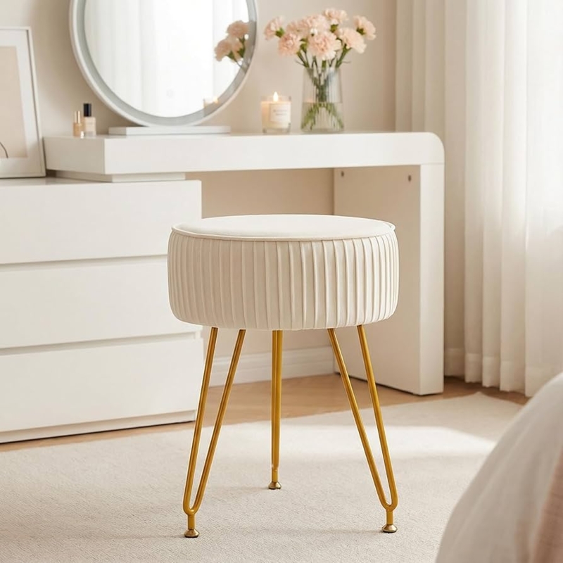Amazon.com: Leesingdo Velvet Vanity Stool, Modern Ottoman Foot Rest Stool  with Adjustable Golden Legs, Makeup Chair for Vanity, Multifunctional Small Vanity  Chair for Bedroom, Beige : Home & Kitchen