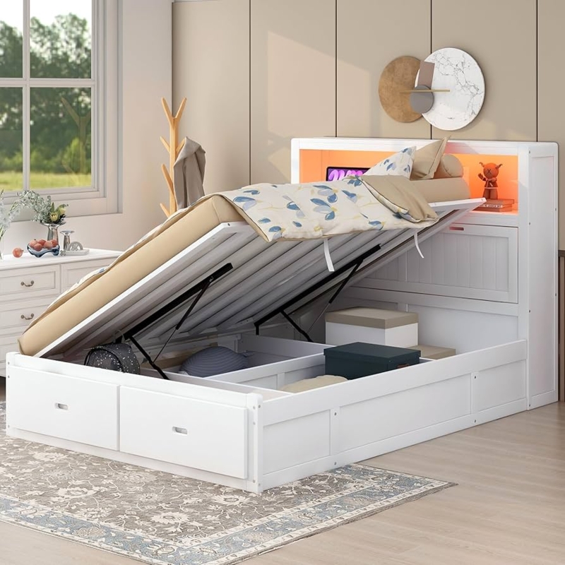 Amazon.com: Lift Up Bed, Queen Size LED Bed Frame with Drawers, Wood  Platform Beds with Charging Station and Storage Headboard, Hydraulic Storage  and Slat Support, White : Home & Kitchen