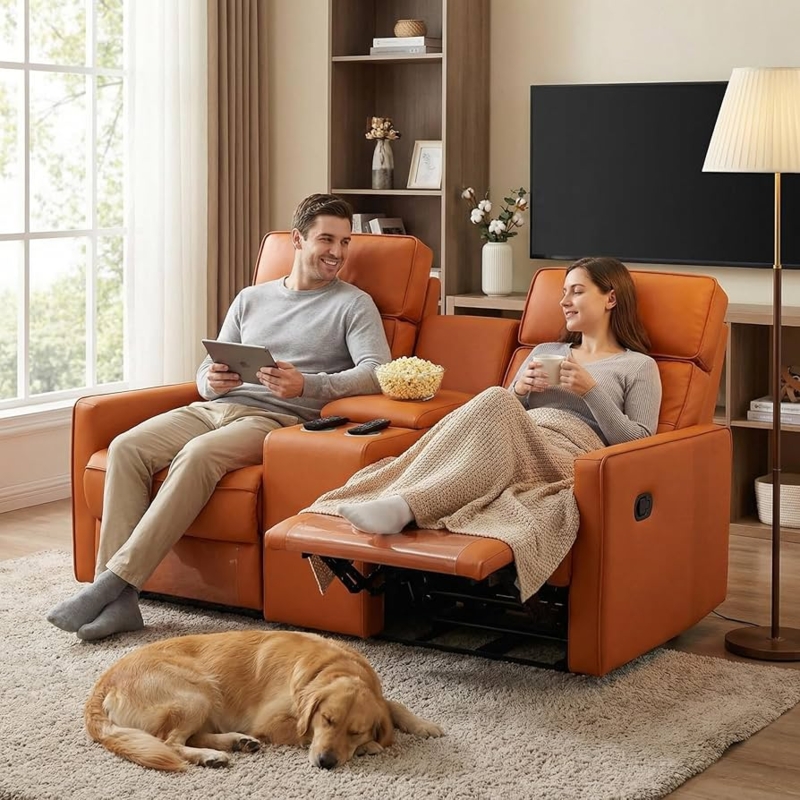Amazon.com: LIKIMIO 62.2" Loveseat Recliner Sofa with Console/Cup Holders,  Wall Hugger Faux Leather Chair/RV Double Theater Seats/RV Furniture,Orange  : Home & Kitchen