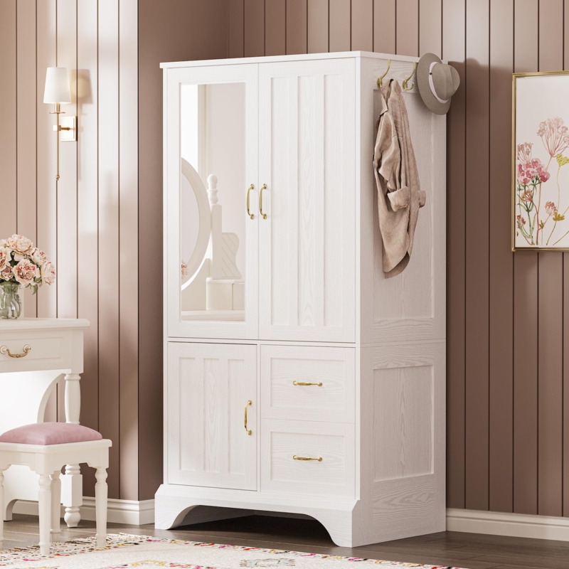 Amazon.com: LIKIMIO Armoire Wardrobe Closet with Mirror and 3 Doors and 2  Drawers, Bedroom Wooden Armoire Storage Cabinet Combination with Hanging  Rod for Bedroom, White : Home & Kitchen