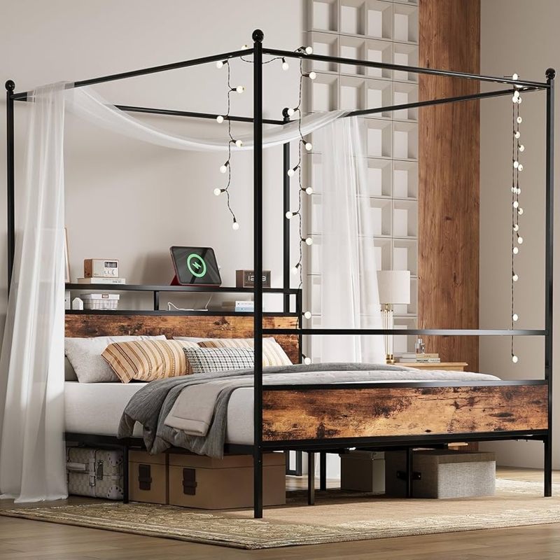 Amazon.com: LIKIMIO Canopy Bed Frame King with Storage Headboard & Charging  Station, Sturdy Metal Platform Bed with 4 Removable Posts, Dual Purpose Bed  Frame, No Box Spring Needed, Noise Free : Home