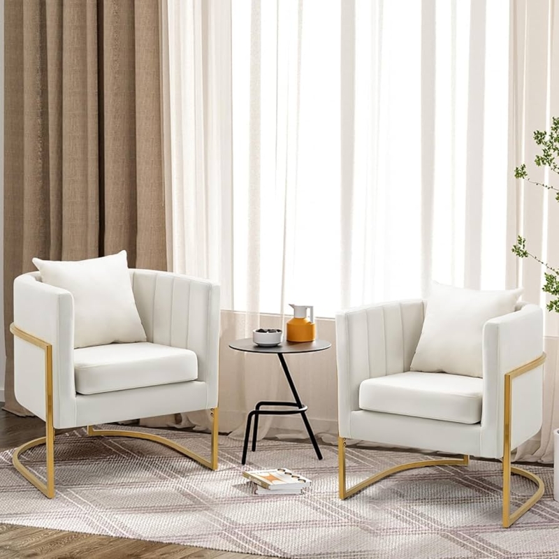 Amazon.com: LONWIK Velvet Modern Living Room Accent Chairs Set of 2,  Upholstered Mid-Century Barrel Chairs for Bedroom, Side Club Reception  Chairs with Gold Metal Legs, White : Home & Kitchen