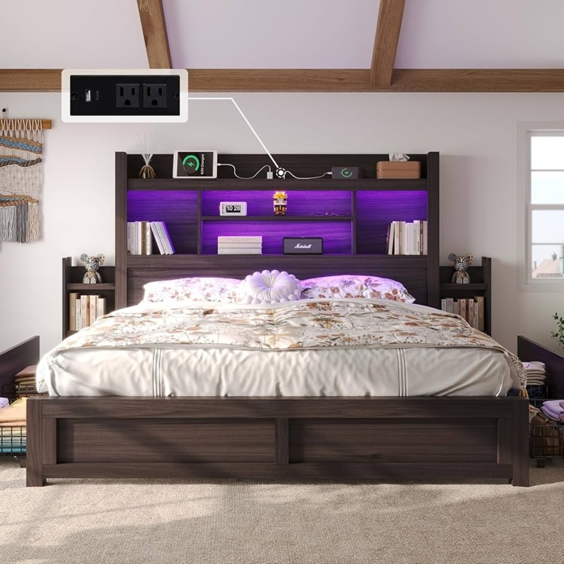 Amazon.com: LUXOAK King Bed Frame with 49.6" Bookcase Headboard & 2 Bedside  Stoage Racks & 4 Drawers, Farmhouse Wood Bed Frame with RGB LED & Charging  Station, No Box Spring Needed, Black :