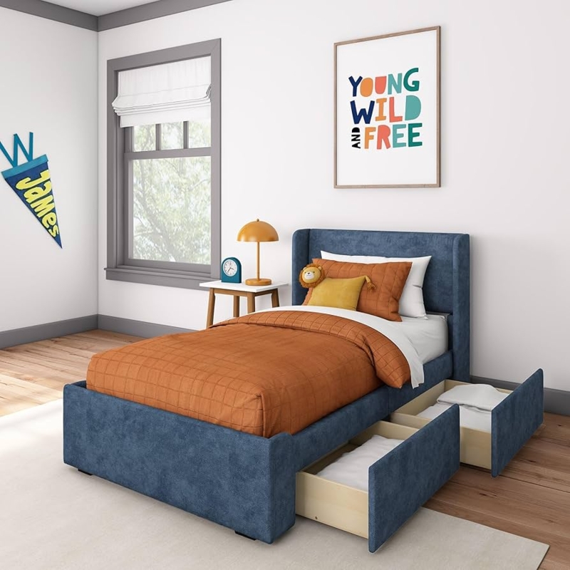 Amazon.com: Max & Lily Upholstered Twin Bed Frame with Rectangular  Headboard and Two Storage Drawers, Upholstered Platform Bed for Kids, No  Box Spring Needed, Easy Assembly, Blue : Home & Kitchen