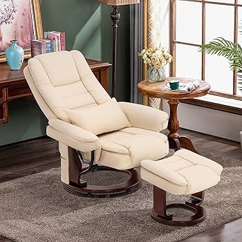 Amazon.com: MCombo Swivel Recliner with Ottoman Chair, TV Chair Sets with  Vibration Massage, for Small Space Living Room Bedroom 9096 9099 (Faux  Leather, Cream White) : Home & Kitchen