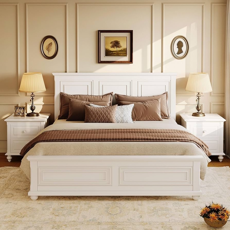 Amazon.com: Merax King Bed Frames Traditional Town and Country Style  Pinewood Vintage Bed,White : Home & Kitchen