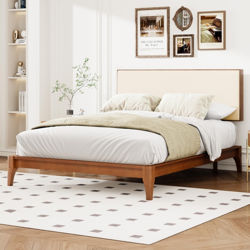 Amazon.com: Merax King Size Bamboo Platform Bed, Mid-Century Modern Bed  Frame with Upholstered Adjustable Headboard, Wood Slat Support, No Box  Spring Needed, Easy Tool-Free Assembly, Brown+Beige : Home & Kitchen