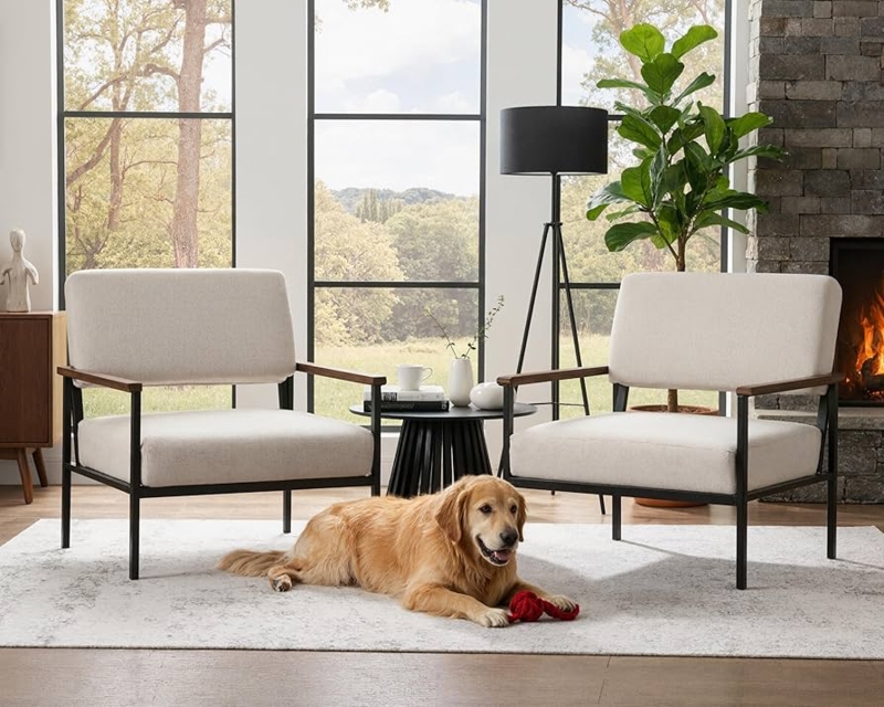Amazon.com: Mid Century Modern Beige Accent Chairs Set of 2, Comfy Arm  Chairs with Black Metal Frame Soft Linen Fabric Upholstered Armchairs  Living Room Chairs Lounge Chairs Reading Chairs for Bedroom/Office :