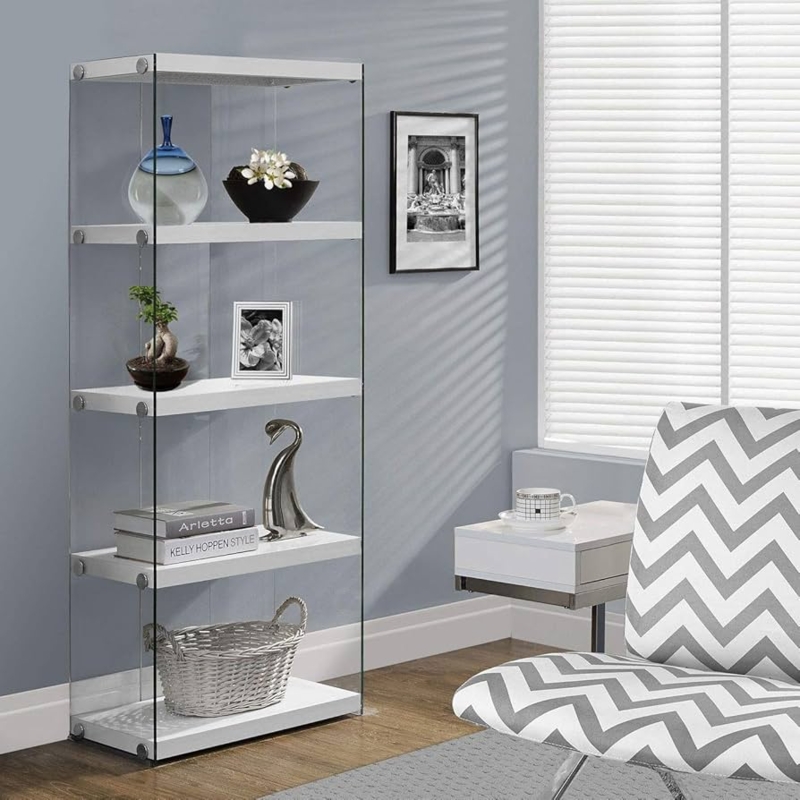 Amazon.com: Monarch Specialties I Bookcase-5-Shelf Etagere Bookcase  Contemporary Look with Tempered Glass Frame Bookshelf, 60"H, (White) : Home  & Kitchen