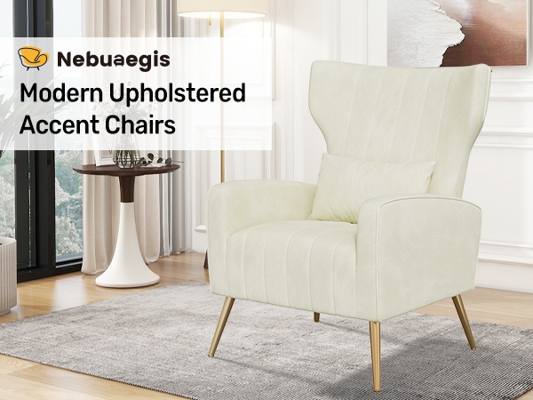 Amazon.com: Nebuaegis Velvet Accent Chair Wingback for Living Room, High  Back Arm Chair with Golden Legs Lumbar Pillow, Upholstered Single Sofa  Bedroom Beige : Home & Kitchen