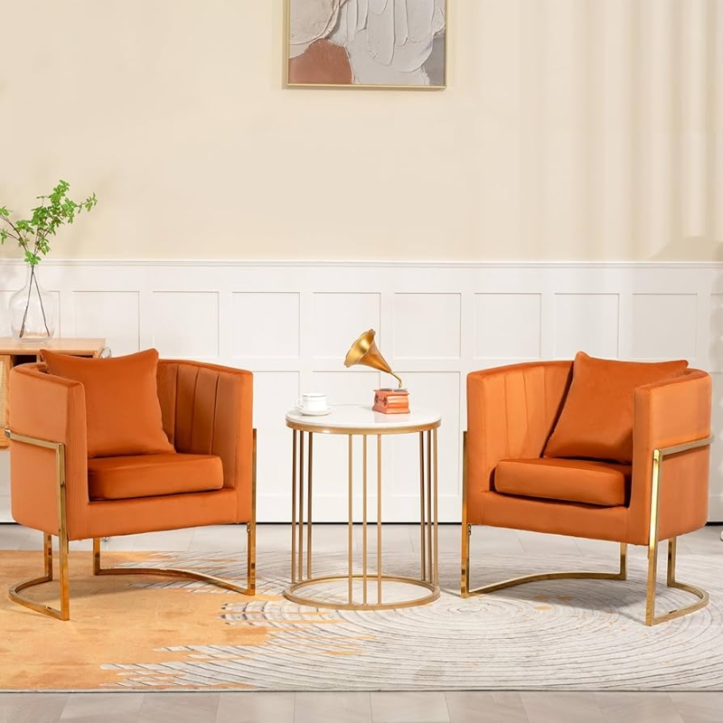 Amazon.com: Newnno Velvet Modern Accent Chairs Set of 2, Upholstered Barrel  Armchair Mid Century with Pillow for Living Room, Comfy Single Vanity Chair  with Metal Gold Legs for Bedroom, Orange : Home