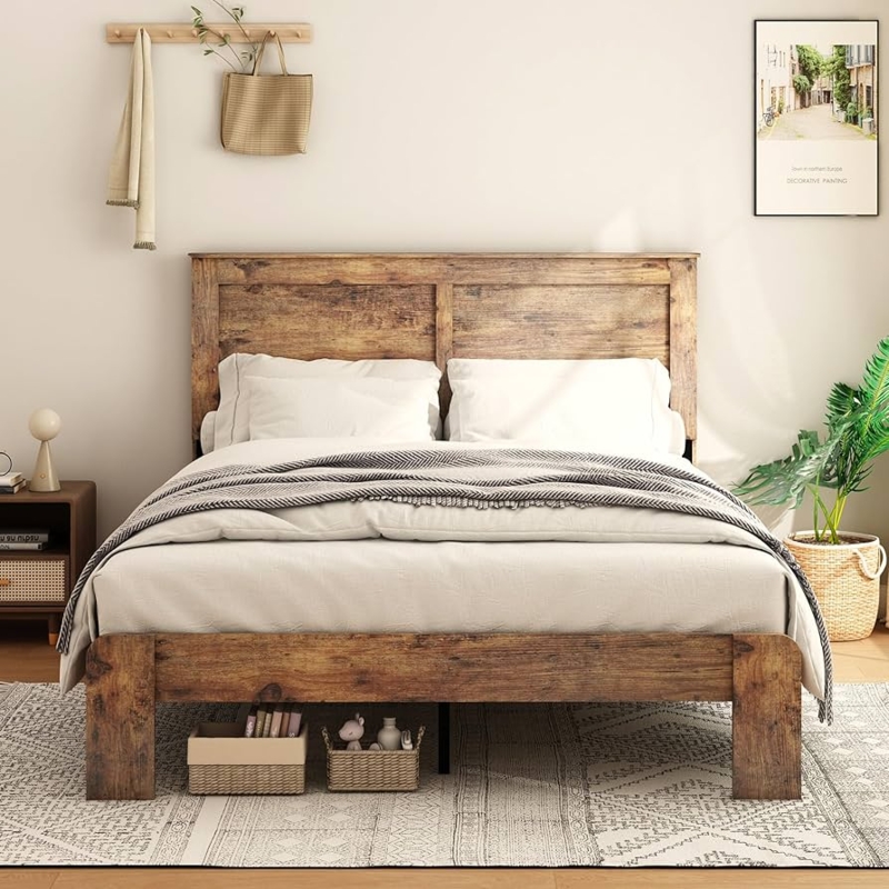 Amazon.com: NNOOTK Queen Size Bed Frame, Vintage Platform Bed Frame with Wood  Headboard and Footboard, 12 Wood Slats Support, No Box Spring Needed (Dark  Brown) : Home & Kitchen