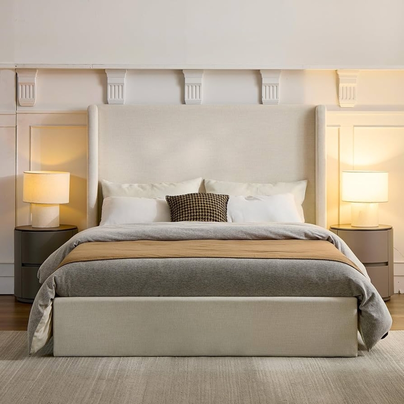 Amazon.com: NTYUNRR Upholstered Bed Frame King Size, 52.3" High Headboard  Platform Beds Caron Tall Wingback Bed Frames, Box Spring Request/No  Noise/Simplicity Minimalist, Textured Ivory Canvas Chenille : Home & Kitchen