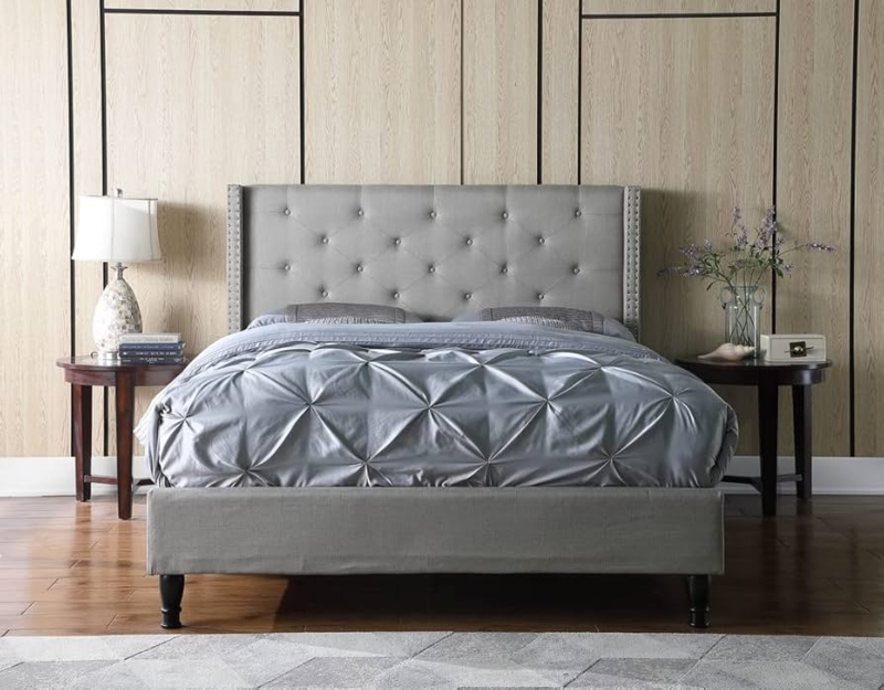 Amazon.com: Oliver & Smith Platform Bed Frame Queen Size with Grey Linen  Upholstered 51-Inch Button Tufted Headboard Wood Slats Easy Assembly No Box  Spring Needed : Home & Kitchen