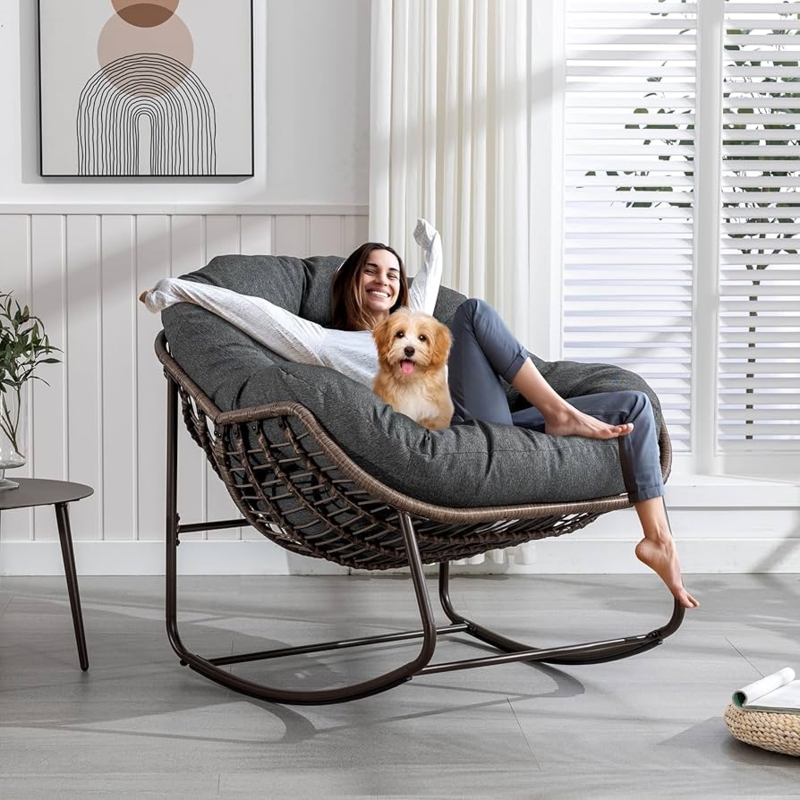 Amazon.com: Outdoor Patio Rocking Chair, Oversized Papasan Chair with  Cushion and Frame, Comfy Rattan Wicker Egg Chairs Indoor, Modern Lounge  Rocker for Front Porch Living Room Bedroom (Dark Grey, Set of 1) :