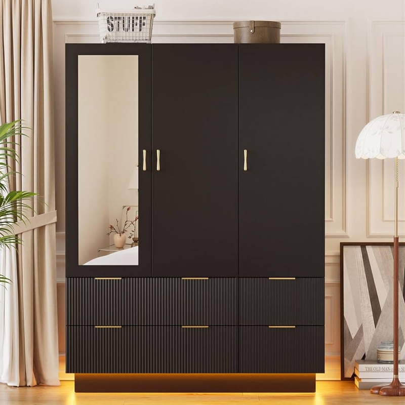 Amazon.com: PAKASEPT Large Wardrobe Closet, Armoire Closet with Door and  Mirror, LED Lights, Hanging Rod, Drawers, Armoires and Wardrobes for  Bedroom (Black) : Home & Kitchen