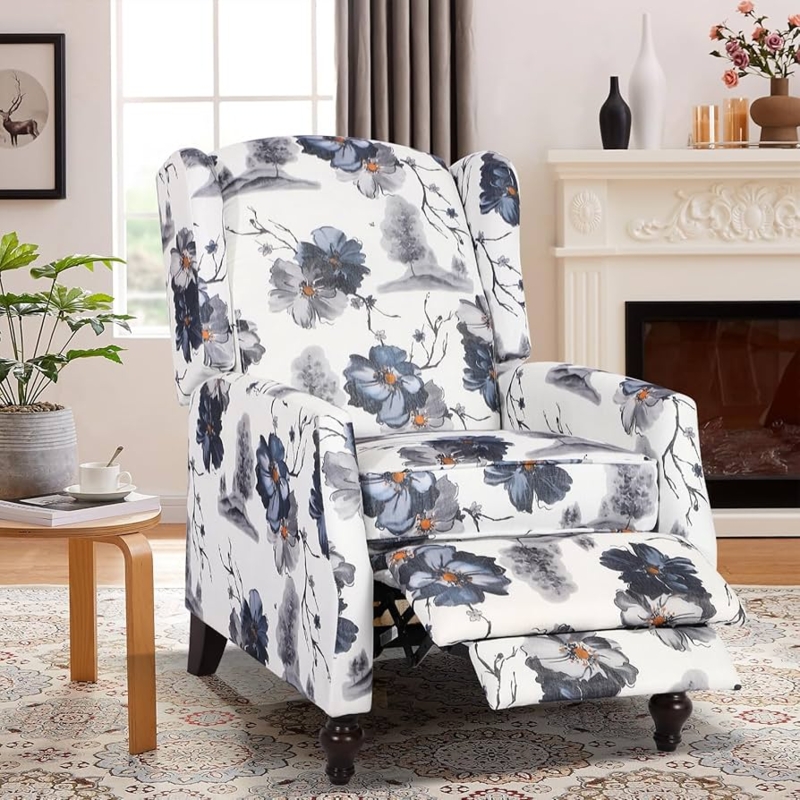 Amazon.com: PALLOME Upholstered Wingback Recliner Chair, Mid Century Modern  Manual Push Back Recliner for Living Room, Bedroom (1, Blue Floral) : Home  & Kitchen